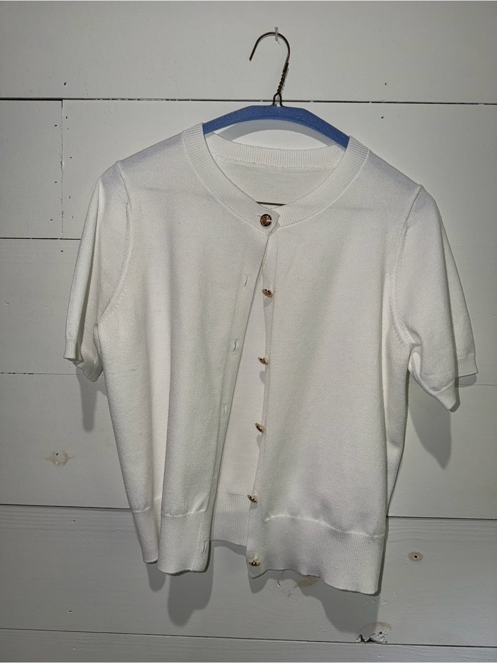 White Cropped Cardigan Gold Button Short Sleeve